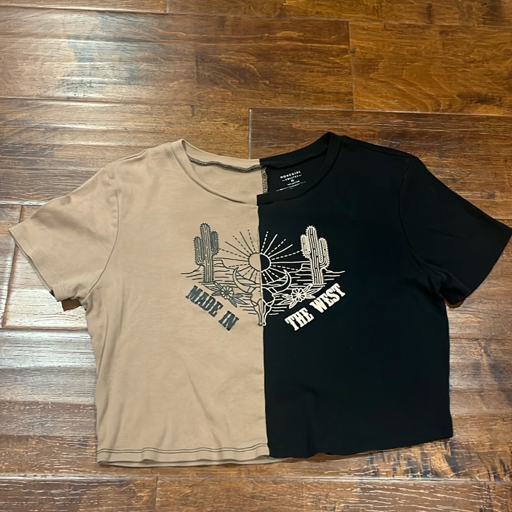 Cute XL crop top, half tan and half black. Very baggy for petite girls.